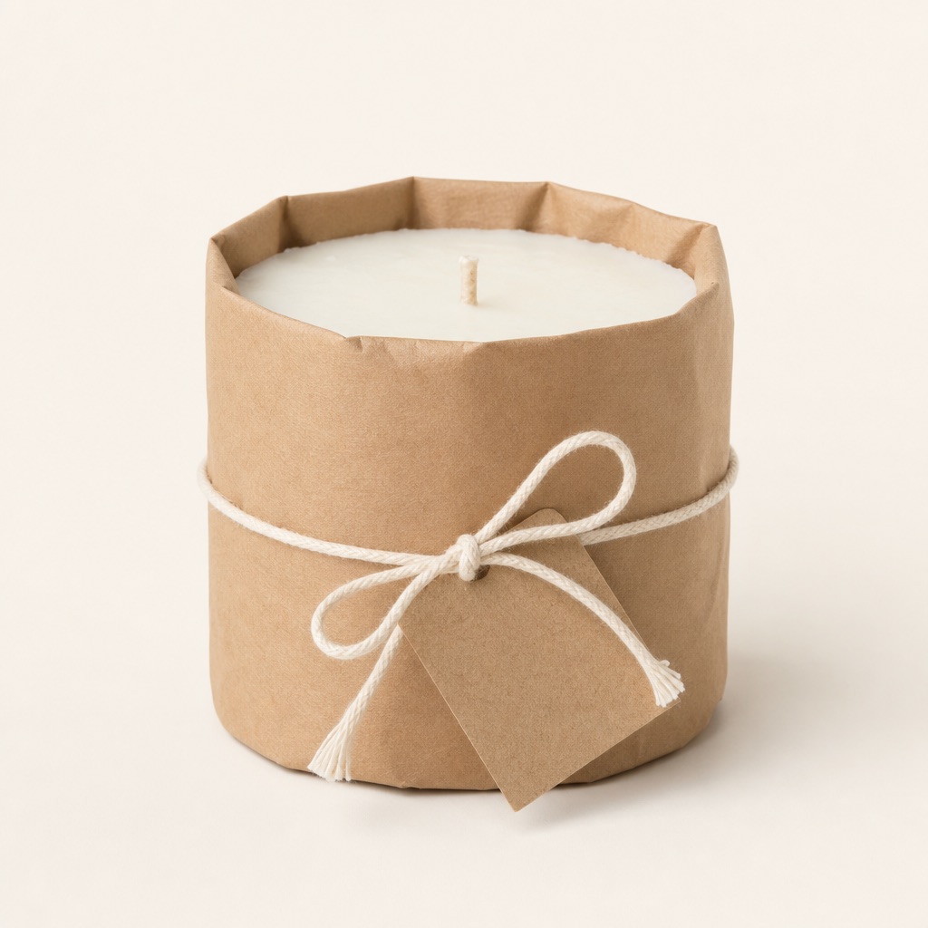 A soy wax refill wrapped in plain kraft paper, tied with cotton string, on a plain ivory background