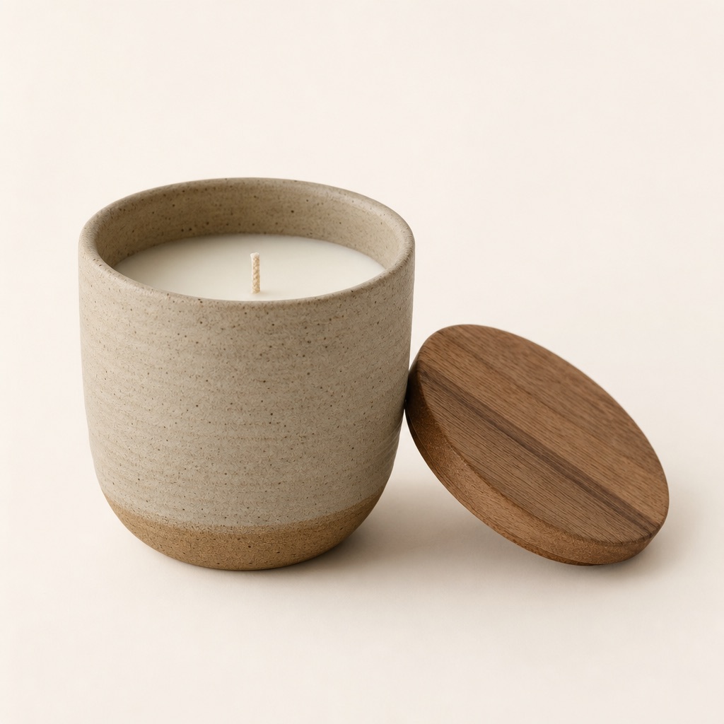A matte stoneware vessel with its wooden lid beside it, on a plain ivory background